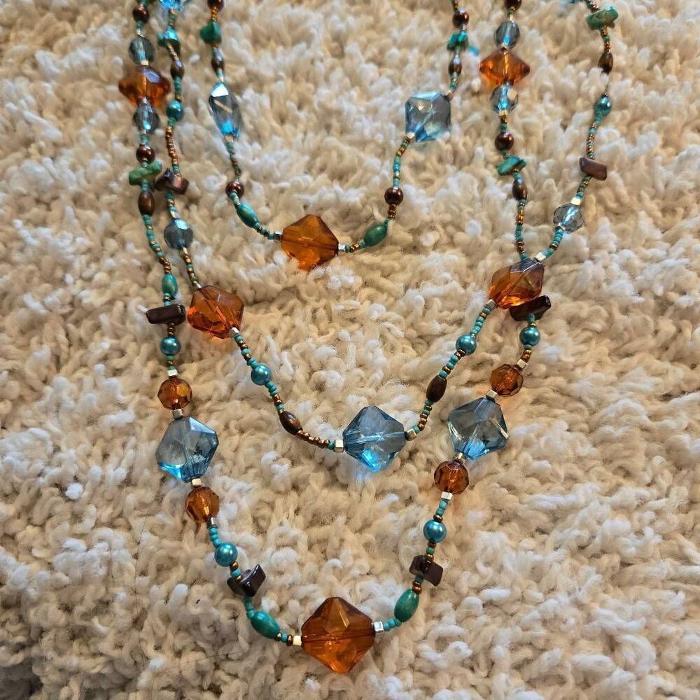 NEW 3 strand Turquoise & Amber Long Necklace Glass & Seed Bead + Earrings